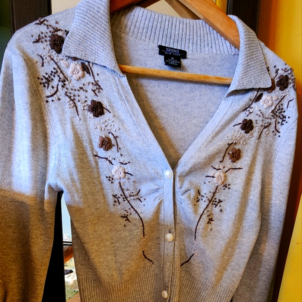 Shine New York Cardigan, Grey, Medium, Embroidery